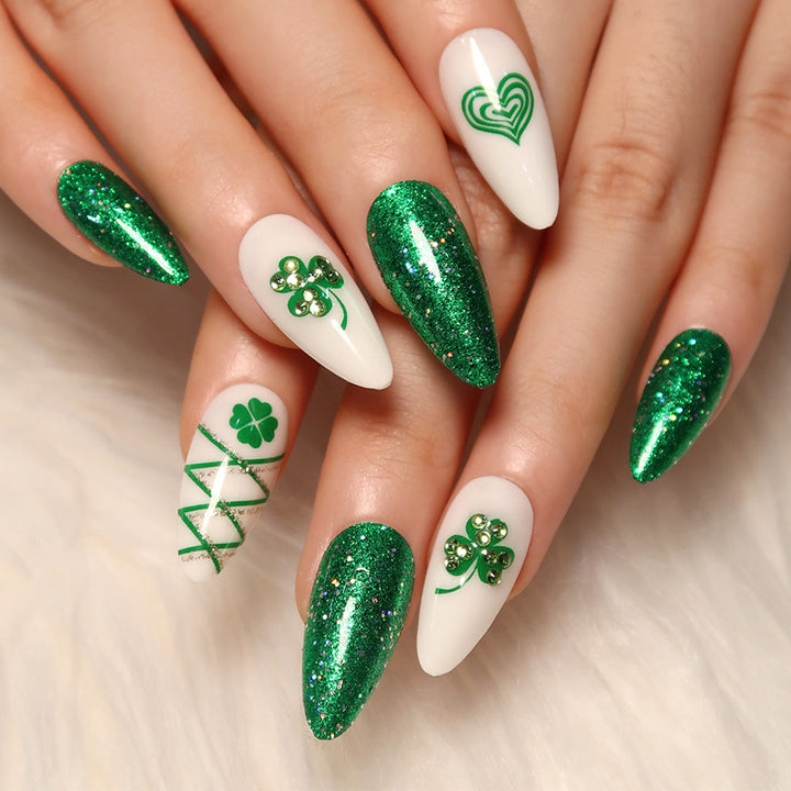 Artistic Stiletto Nails with Glitter and Clover Leaf Designs Kalsten