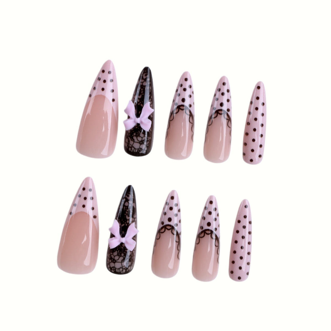 Elegant Stiletto Press-On Nail Set with Lace and Bow Design Kalsten