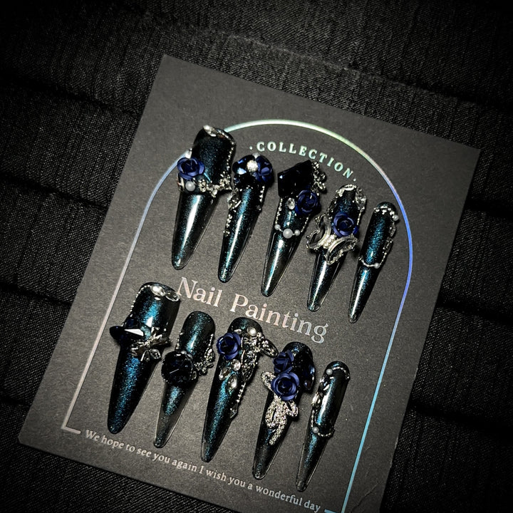 Glamorous Stiletto Press-On Nail Set with Floral Embellishments