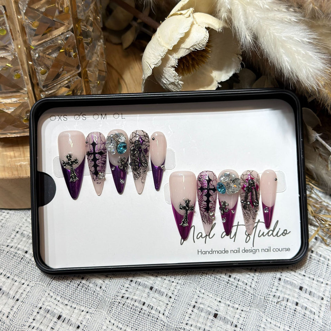 Artistic Stiletto Press-On Nail Set with Unique Floral and Gemstone Accents Kalsten