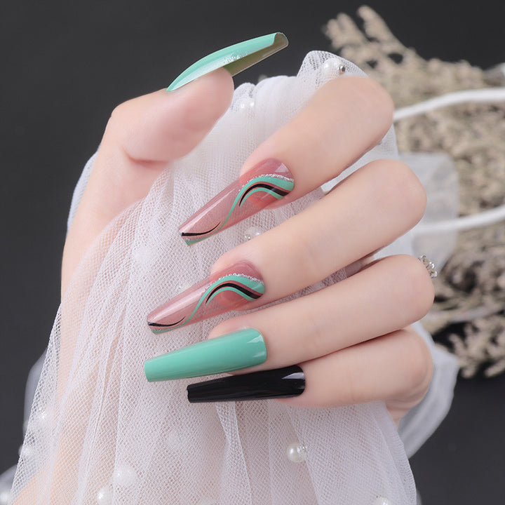 Artistic Press-On Nail Set with Geometric Wave Design Kalsten