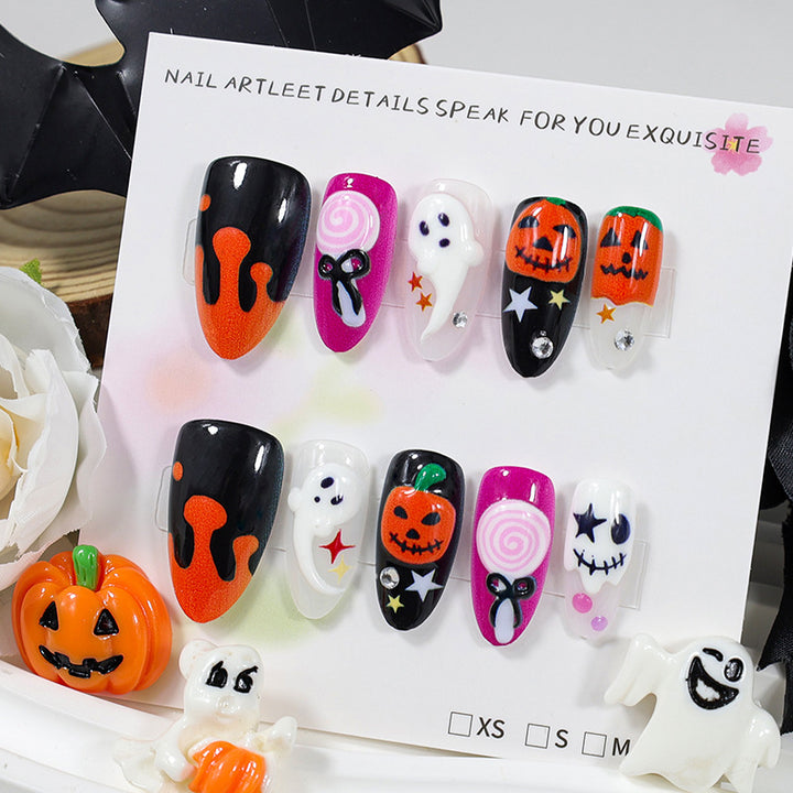 Halloween Artificial Nail Set with Creative Ghost and Pumpkin Designs Kalsten