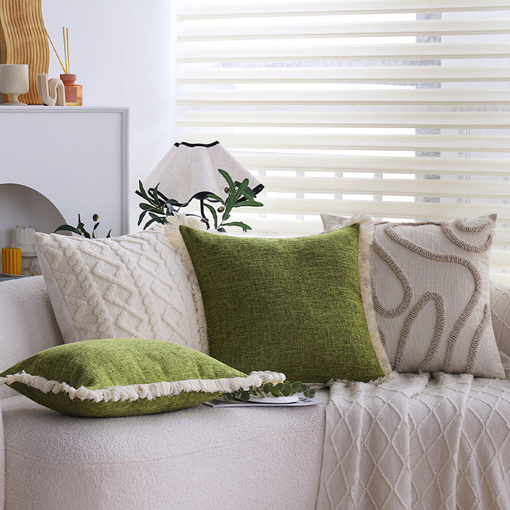 Rectangular cushion cover with woven linen look and decorative fringed edge Kalsten