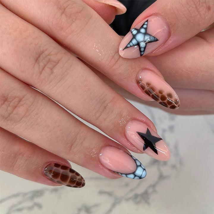 Artistic Press-On Nail Set with Unique Star and Texture Designs Kalsten