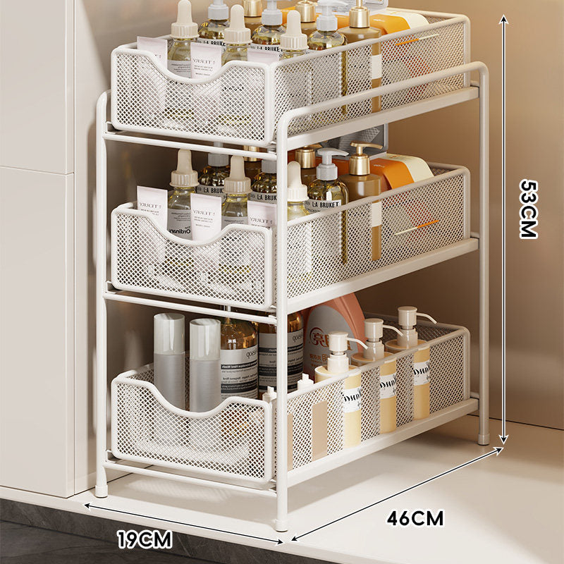 Three-Tier Sliding Mesh Drawer Cabinet Organizer for Kitchen and Bathroom