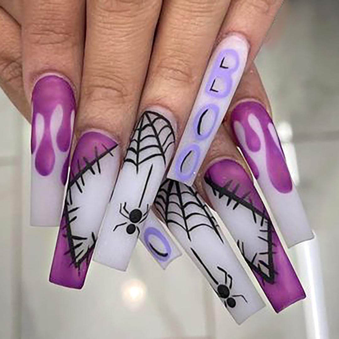 Halloween-Themed Long Press-On Nails with Spider and Drip Design Kalsten
