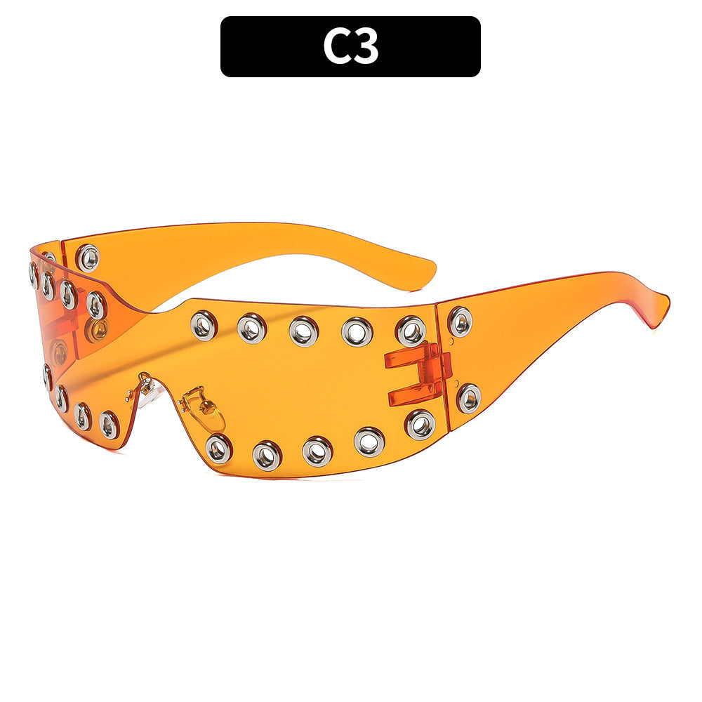 Futuristic Transparent Shield Sunglasses with Decorative Metal Accents
