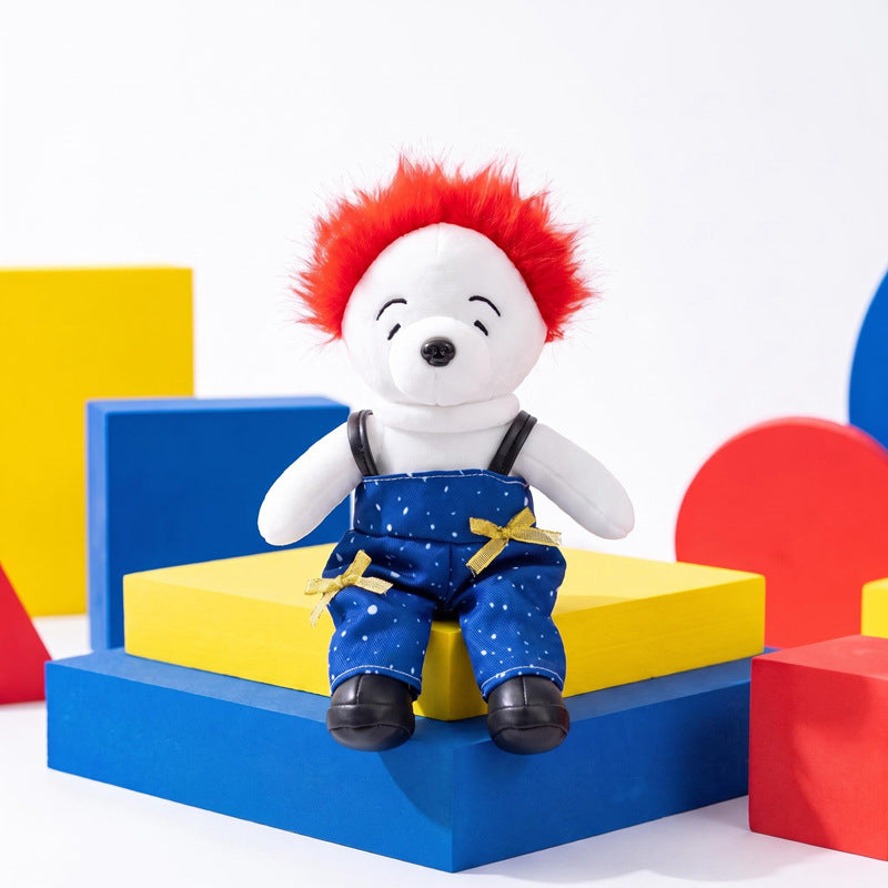 Plush Bear Character Doll with Faux-Fur Mohawk and Suspender Overalls Kalsten