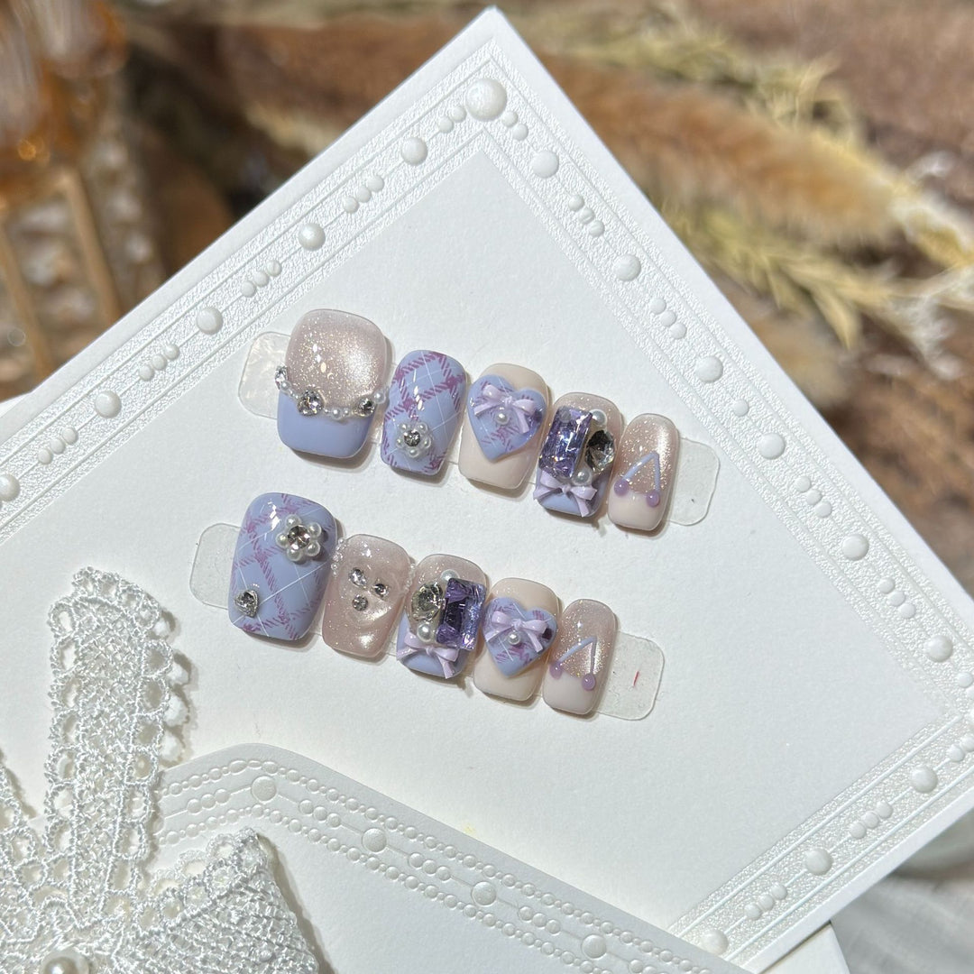Decorative Luxury Press-On Nail Set with Elegant Bow and Gemstone Accents Kalsten