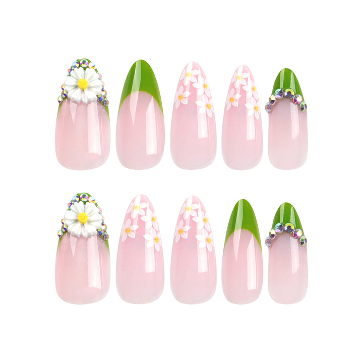 Artificial nails with floral accents and green French tip Kalsten
