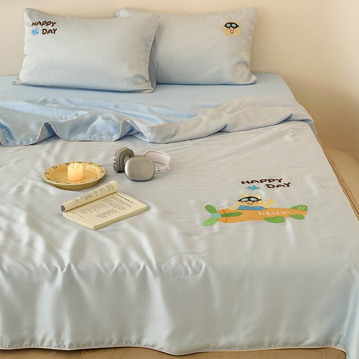 Children's satin bedding set with embroidered bunny moon and silky reversible throw