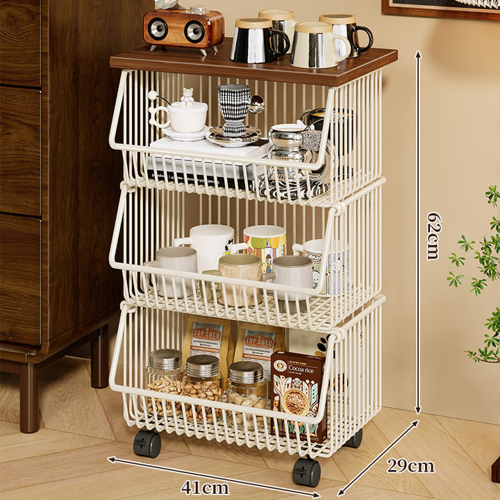 Mobile Four-Tier Kitchen Pantry Organizer Cart with Wood Top and Rolling Wire Baskets