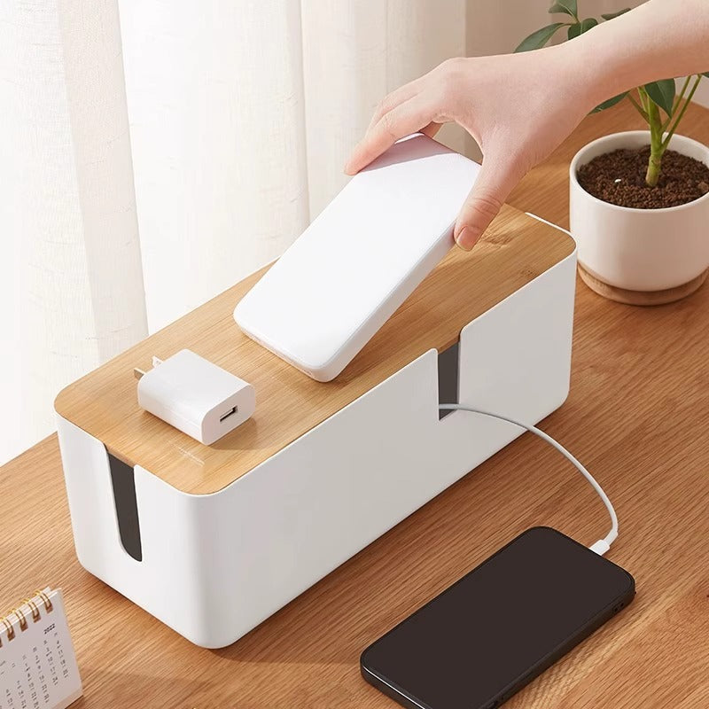 Cable storage box with bamboo lid and socket concealment