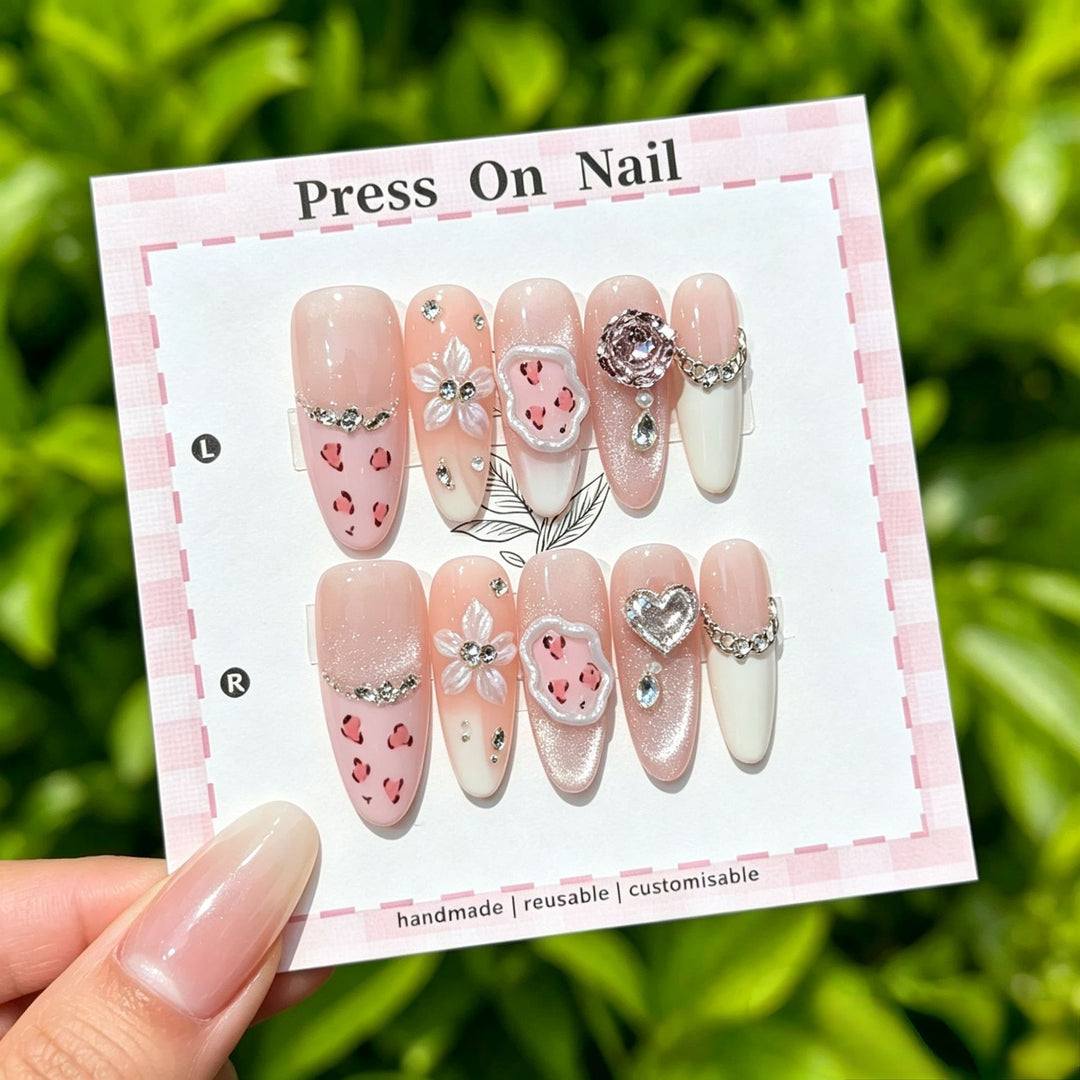 Artistic Press-On Nail Art Set with Cute Character and Bow Accents