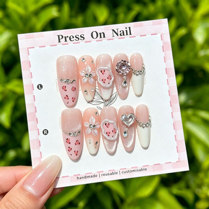 Artistic Press-On Nail Art Set with Cute Character and Bow Accents