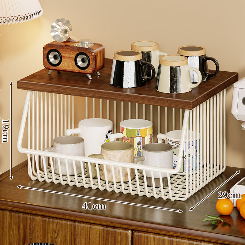 Mobile Four-Tier Kitchen Pantry Organizer Cart with Wood Top and Rolling Wire Baskets