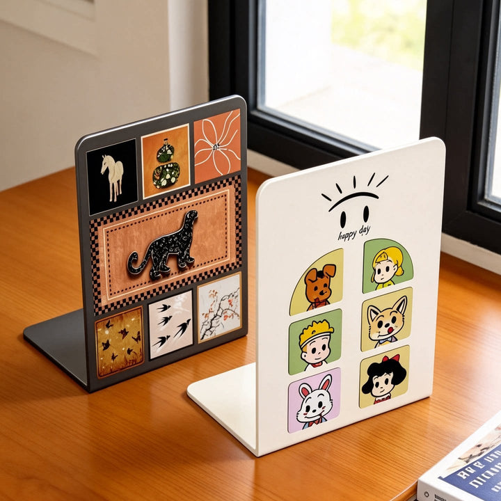 Cute Cartoon Desktop Metal Bookend with Anti-Slip Base and Decorative Panel