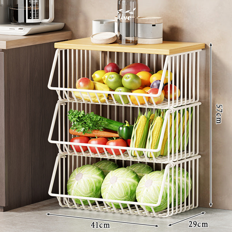 Multi-Tier Rolling Kitchen Pantry Cart with Wood Top and Deep Wire Storage Baskets
