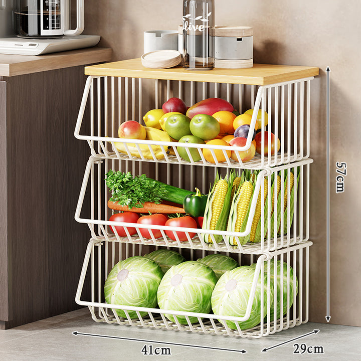Multi-Tier Rolling Kitchen Pantry Cart with Wood Top and Deep Wire Storage Baskets