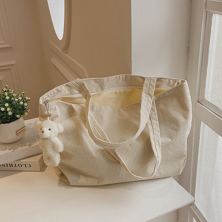 Functional Corduroy Tote Bag with Plush Charm