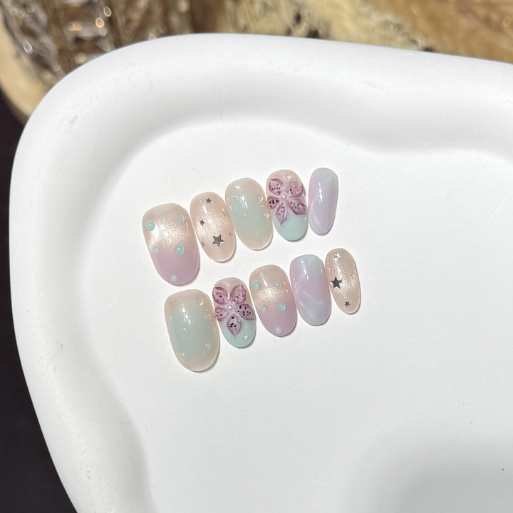 Floral-Inspired Press-On Nail Art Set with Star Accents Kalsten