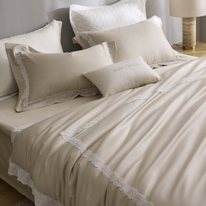 Luxury cotton satin bedding set with fine lace trim in hotel style