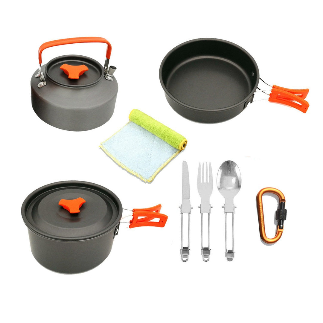 lightweight non-stick nesting camping cookware set with folding handles compact kettle pot pan and folding cutlery Kalsten