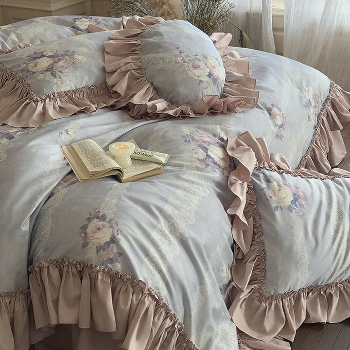 Romantic Ruffled Bed Linen Set with Lace Stripes and Floral Motif