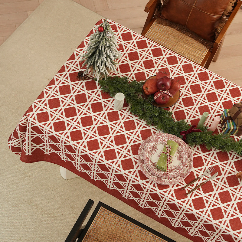 Rectangular festive tablecloth made of cotton blend fabric with geometric grid relief and stain-resistant surface Kalsten