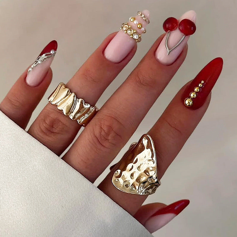 Decorative Art Press-On Nail Set with Cherry and Gold Accents kalsten
