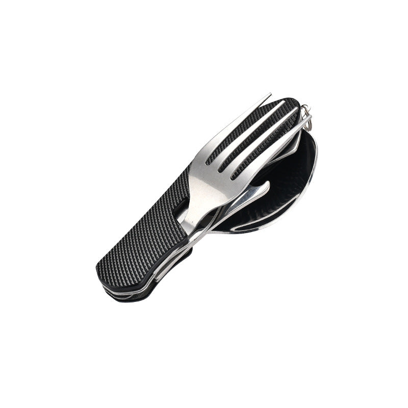 folding stainless steel camping cutlery set with textured grip locking hinge and compact travel clip Kalsten