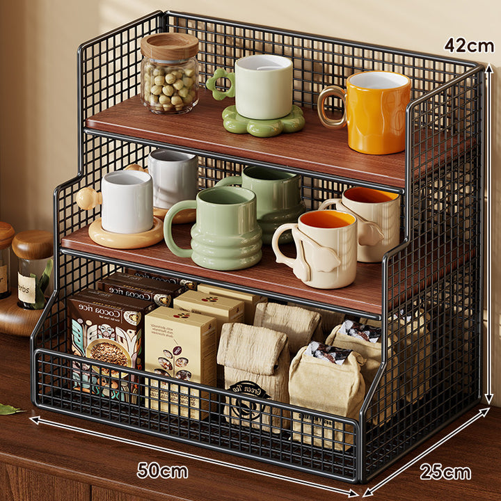 Three-Tier Countertop Wire Mesh Shelf Organizer with Bamboo Shelves
