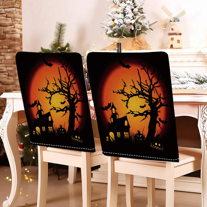 festive Halloween chair covers made of stretchable polyester with witch hat and lettering design