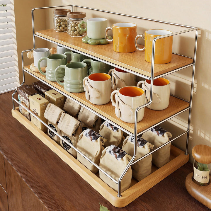 Three-Tier Countertop Wire Mesh Shelf Organizer with Bamboo Shelves