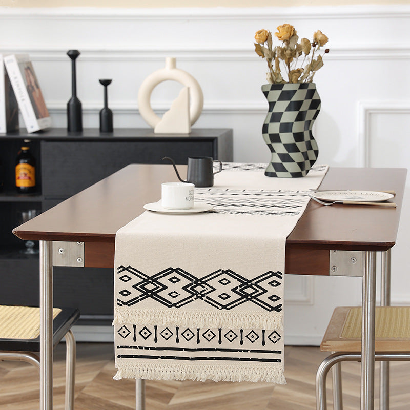 Woven table runner in Boho style with fringes and geometric ethnic print Kalsten