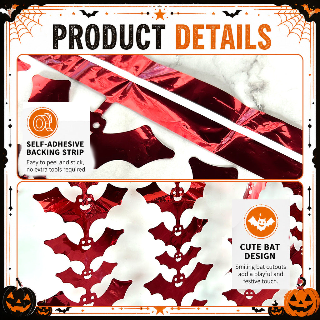 Hanging Halloween curtain made of metallic foil strips with bat silhouettes