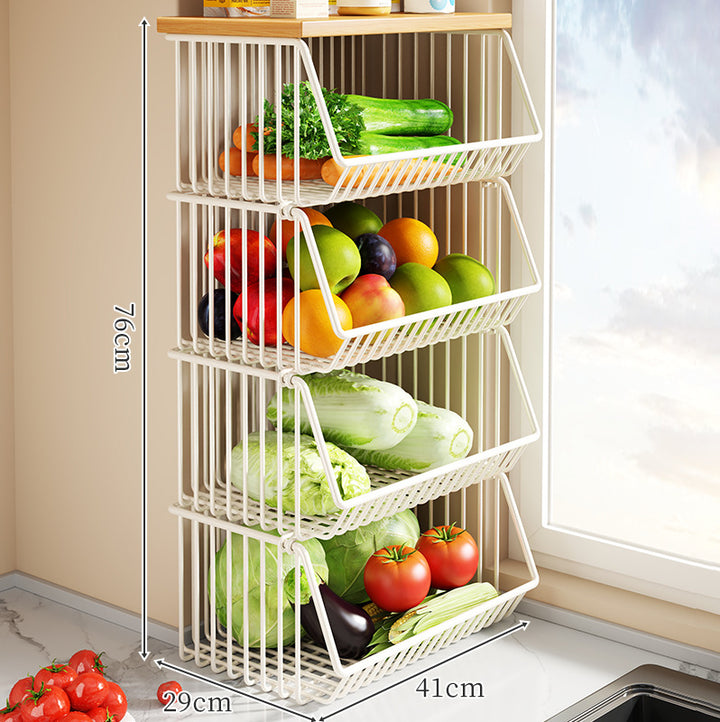 Countertop Wooden-Top Metal Wire Produce Storage Basket with Front-Tilt Access