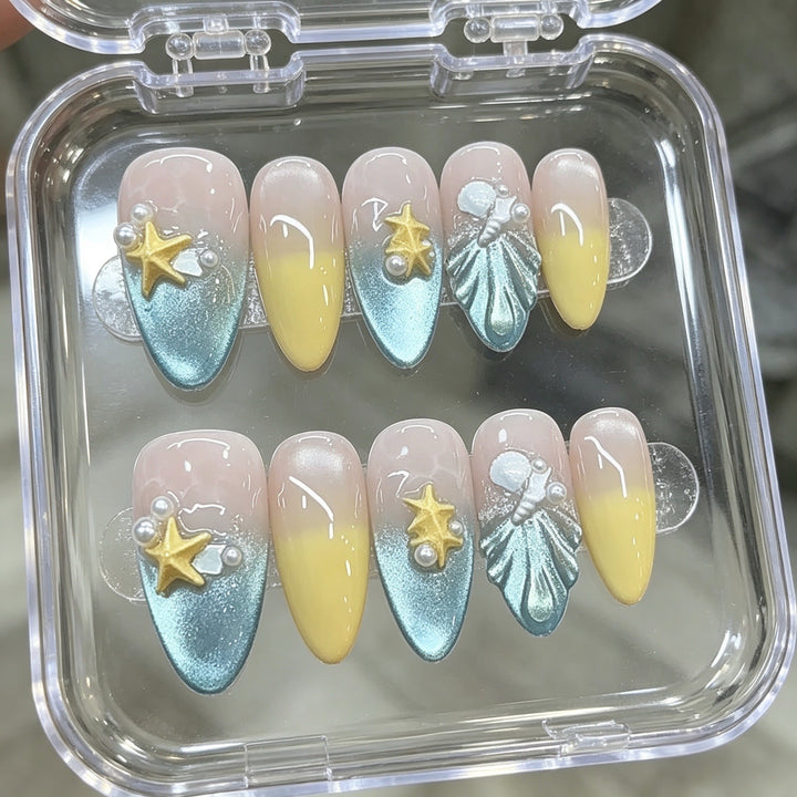 Decorative Press-On Nail Set with Ocean-Inspired Designs Kalsten
