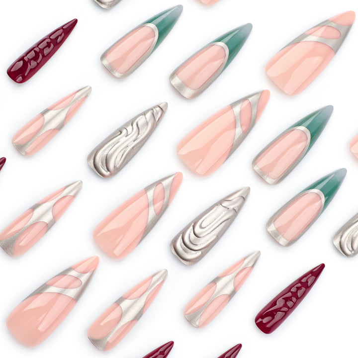 Artistic Stiletto Nails with Glitter and Metallic Effects Kalsten
