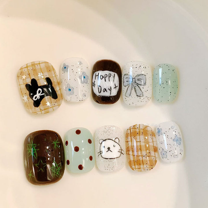 Artistic Cat-Themed Press-On Nail Art Set Kalsten