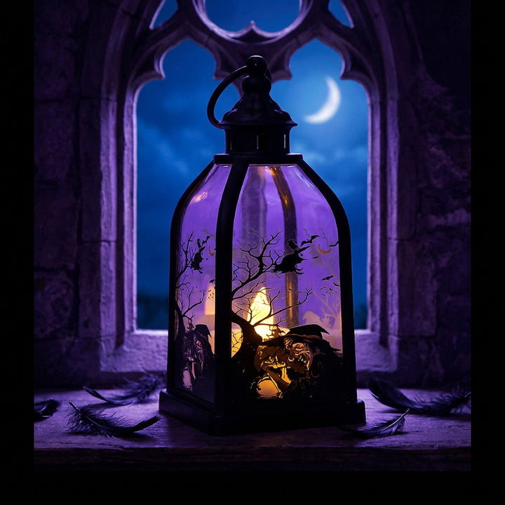 Halloween-Decorative lantern with LED imitation candle and skeleton glass inserts antique look