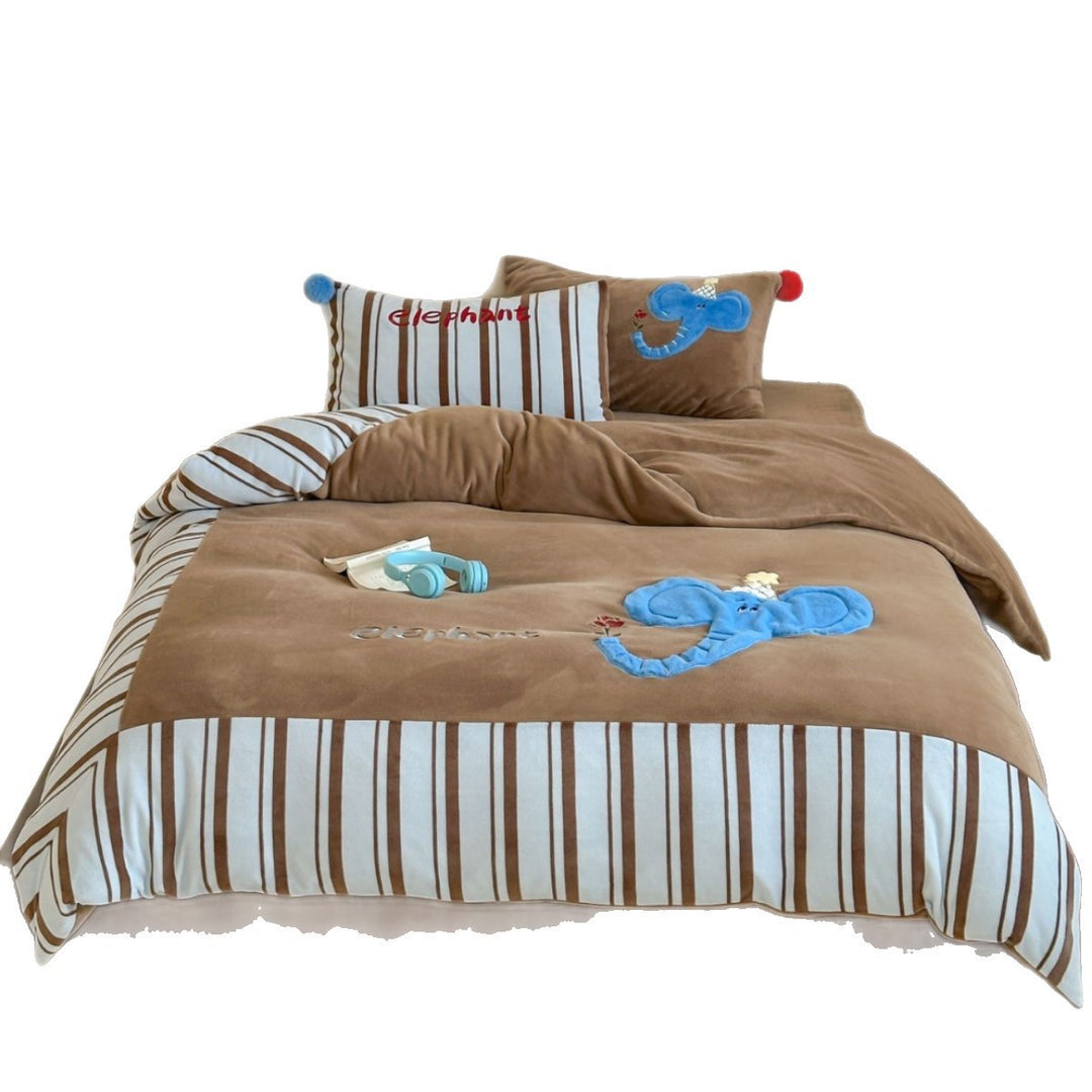 Children's bedding set with elephant applique made of cozy velour and striped cotton side