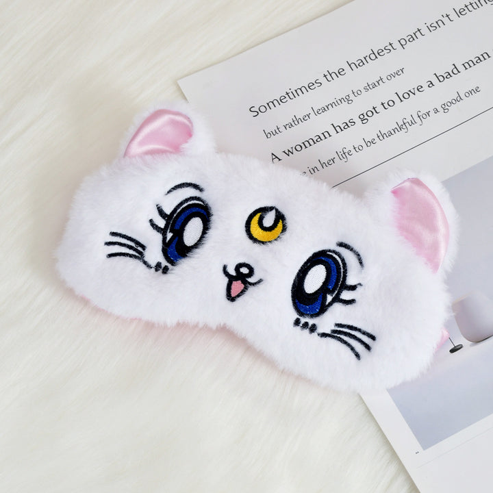 Women's fluffy sleep mask with embroidered cat design and soft comfort ears Kalsten
