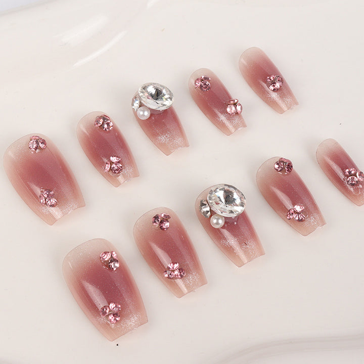 Elegant Press-On Nail Set with Rhinestone Embellishts