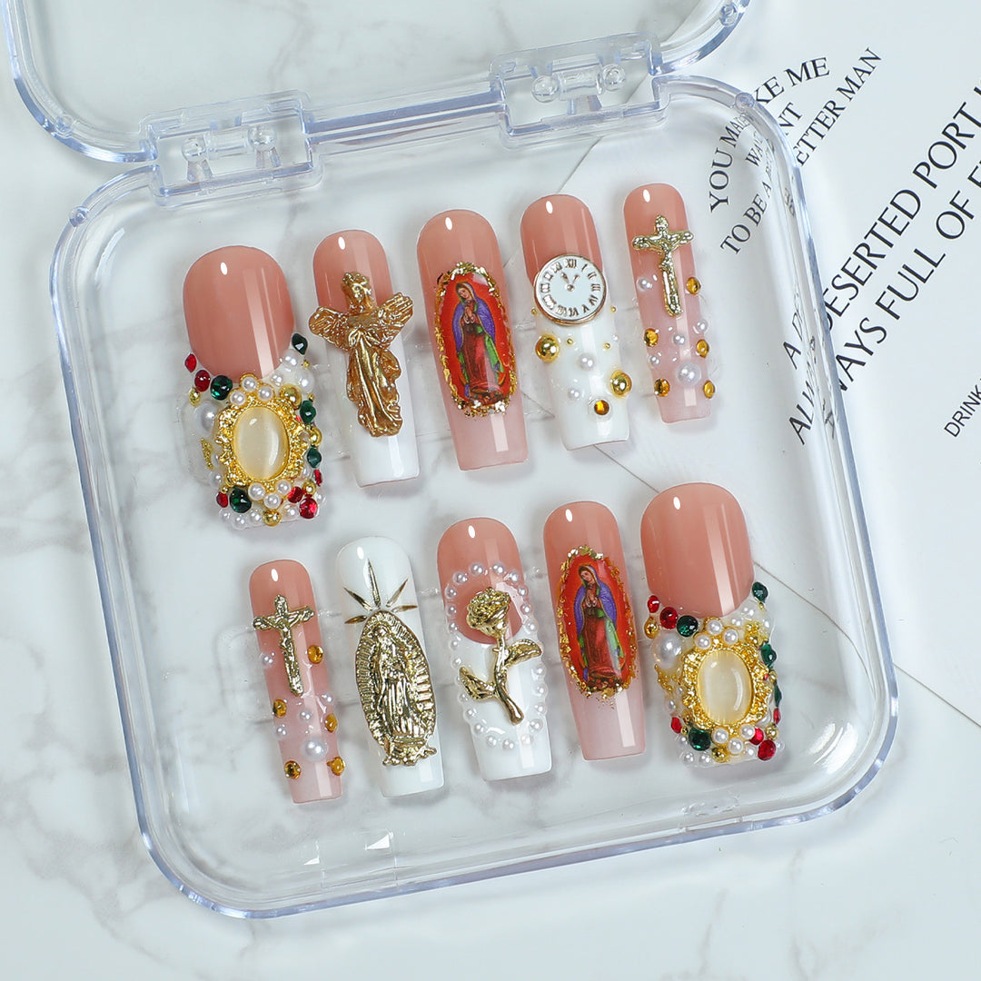 Artificial nail set with luxurious 3D decorations and religious motifs Kalsten