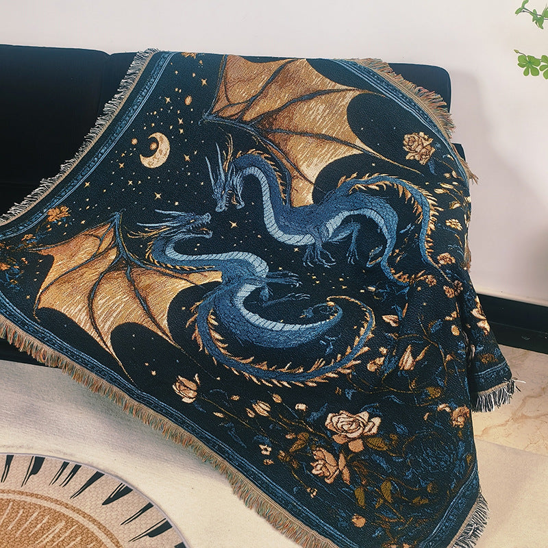 Dragon-Themed Woven Tapestry Throw Blanket
