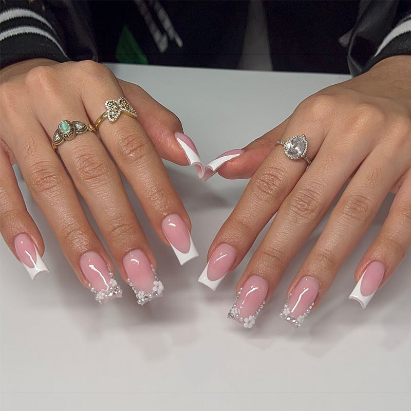 Press-On Nail Set with French Tip Design and Floral Accents Kalsten
