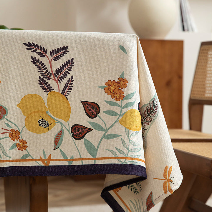 Tablecloth made of cotton blend with floral border illustration and reinforced hem Kalsten