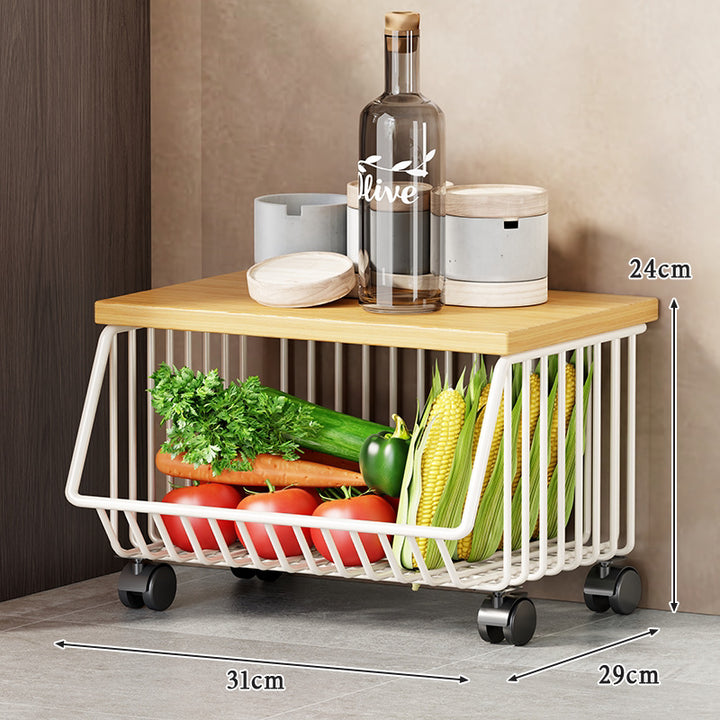 Multi-Tier Rolling Kitchen Fruit and Vegetable Storage Cart with Wood Top