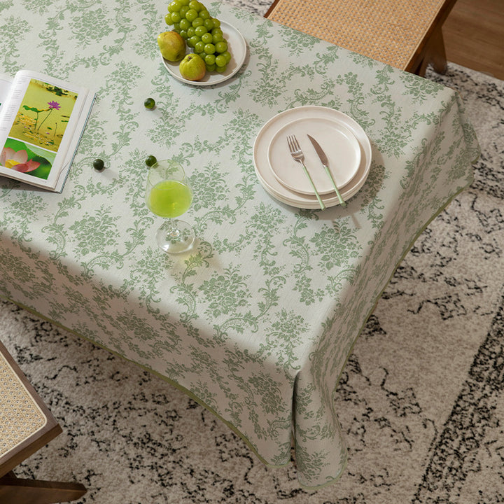 Rectangular jacquard-woven tablecloth with floral damask look and reinforced hem edge Kalsten